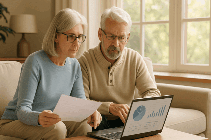 Retired married couple using the best retirement calculator for married couples on a laptop, reviewing financial charts in a sunlit living room