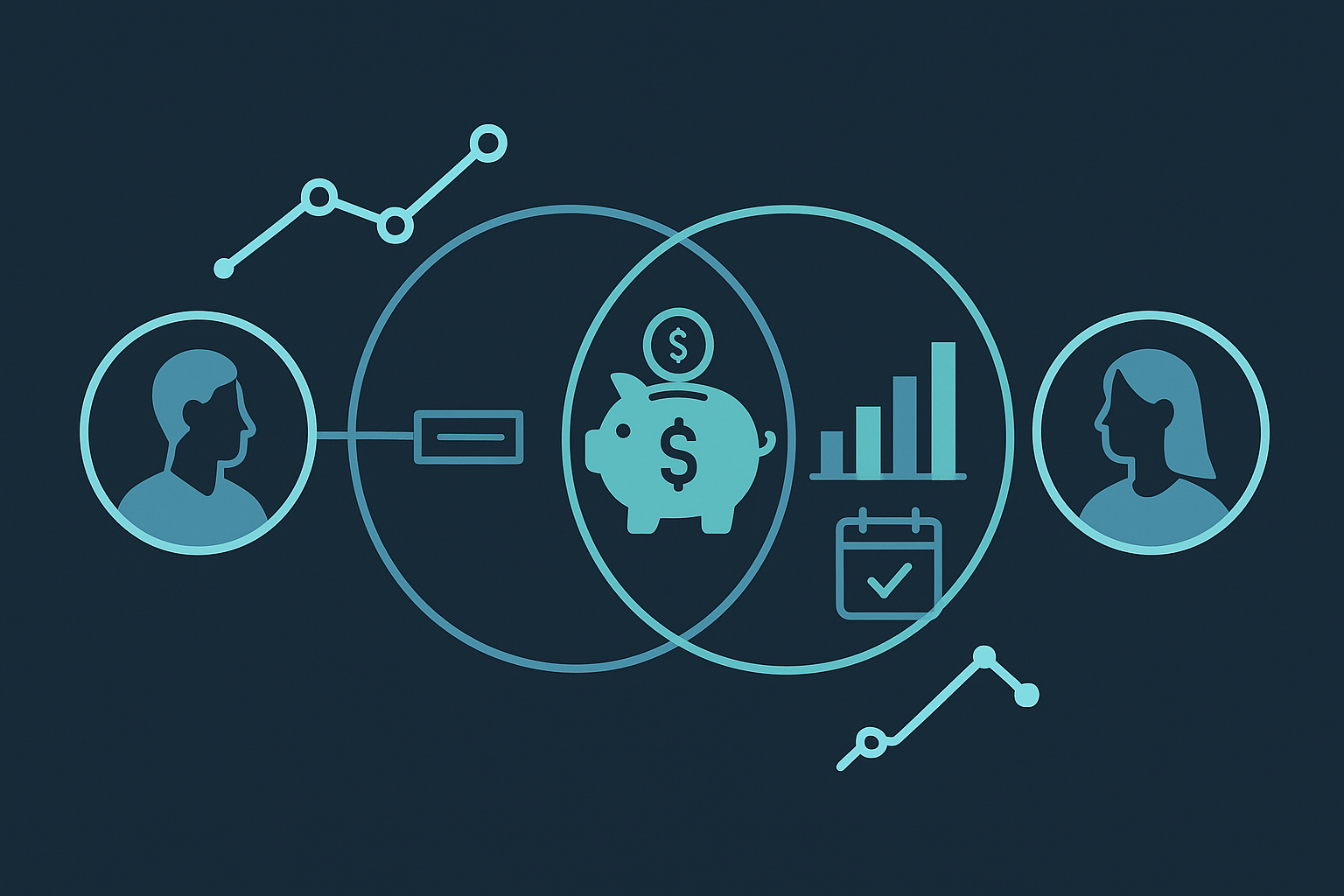 Digital interface displaying the best retirement calculator for married couples with interconnected financial elements like dual income streams, joint savings, and synchronized retirement goals