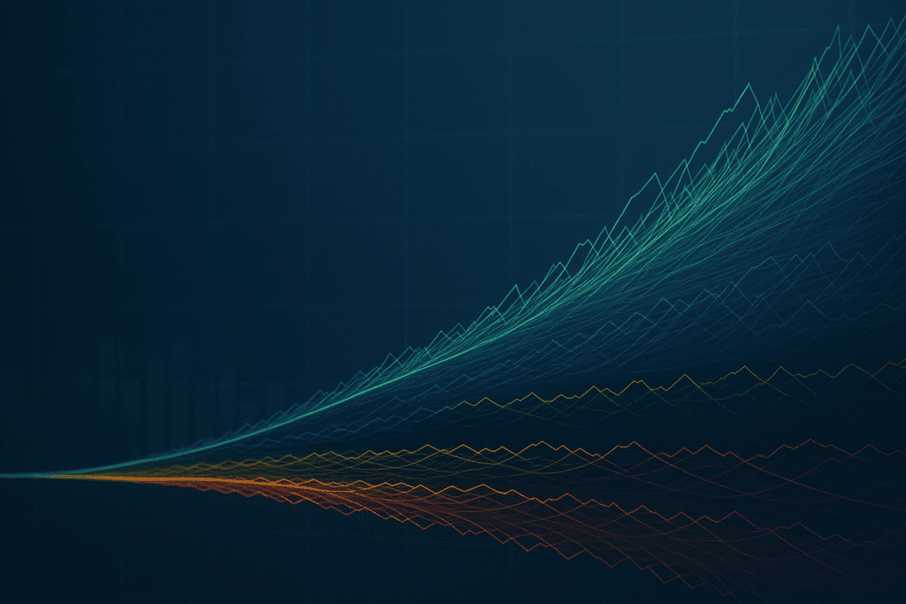 Monte Carlo simulation graph illustrating retirement fund projections over time, showcasing best, average, and worst-case scenarios—ideal for evaluating the best retirement calculator for married couples