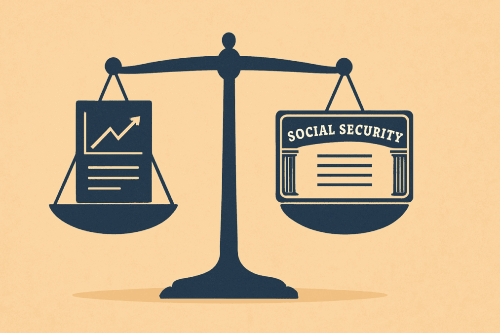 Conceptual illustration of balancing scales representing pensions and Social Security benefits, symbolizing the best retirement calculator for married couples to optimize income planning.