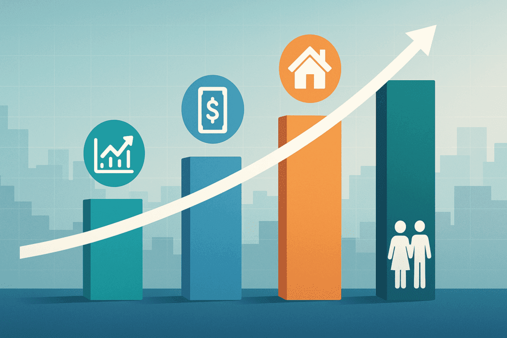 Stacked bar graph illustrating diversified investment growth in stocks, bonds, and real estate for married couples, symbolizing the best retirement calculator for married couples to optimize long-term financial planning