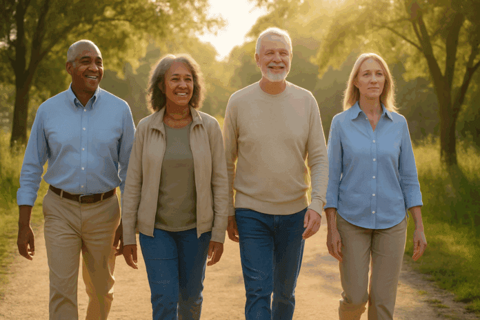 Confident Americans aged 62 to 65 walking on a sunny path symbolizing security and optimism in health insurance costs planning