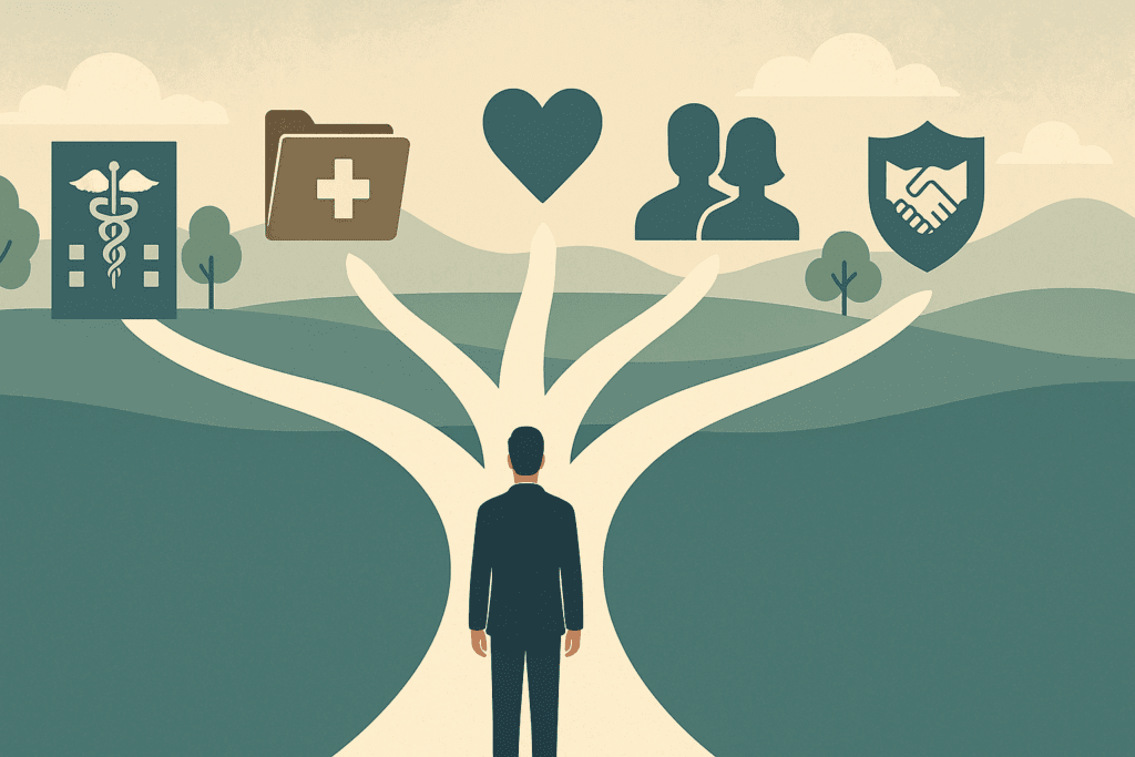 Comparative visualization of health insurance costs for Americans aged 62 to 65, illustrating pathways like ACA marketplace, COBRA, private insurance, spousal coverage, and health-sharing programs