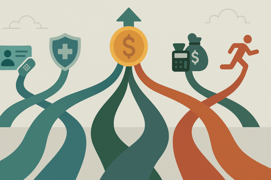 Visual roadmap illustrating key strategies to reduce health insurance costs for Americans aged 62 to 65, including ACA subsidies, HDHPs, HSAs, preventive care, and lifestyle changes, symbolically converging towards financial savings