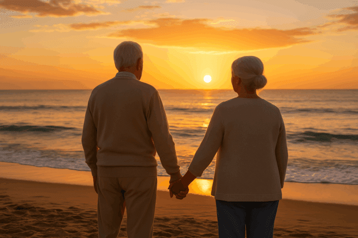 Elderly couple holding hands on a serene beach at sunset, symbolizing financial security and peaceful retirement—showing how social security is a good example of long-term stability and comfort
