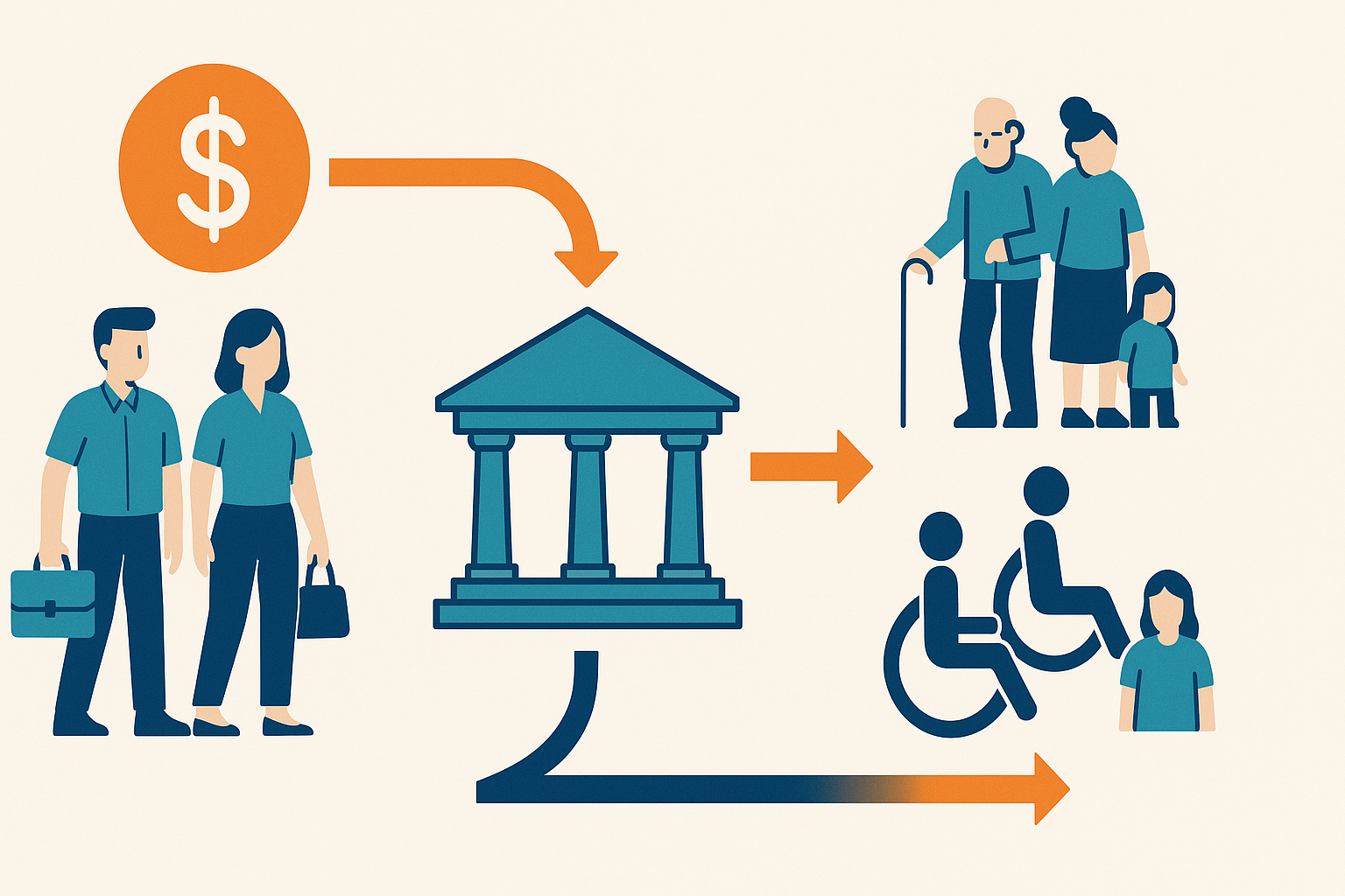 Infographic illustrating how social security is a good example of fund distribution, showing workers contributing payroll taxes, fund management, and support for retirees, disabled individuals, and survivors in a clear, visual pathway