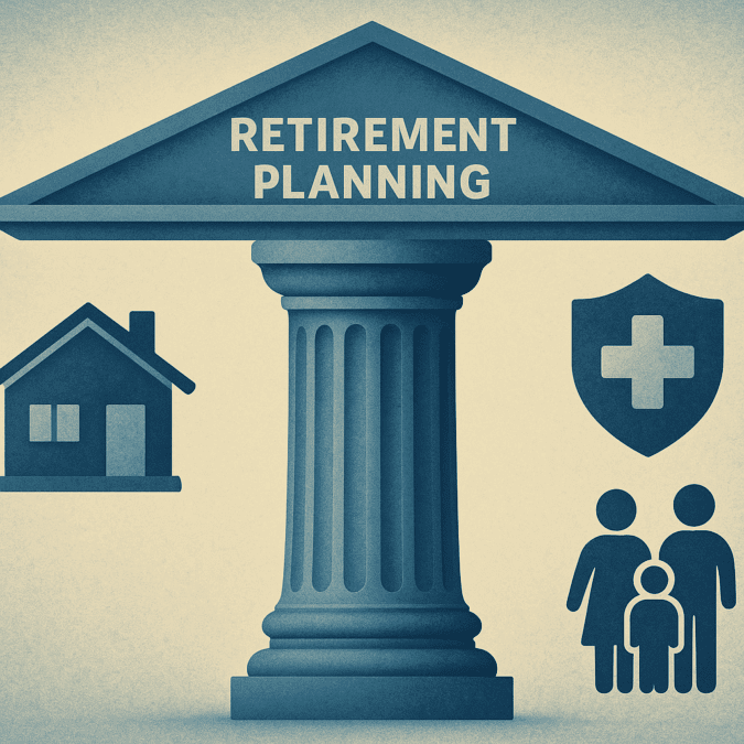 Conceptual illustration showing how Social Security is a good example of financial stability, represented as a strong pillar supporting retirement planning, surrounded by symbols of homeownership, healthcare, and family security.