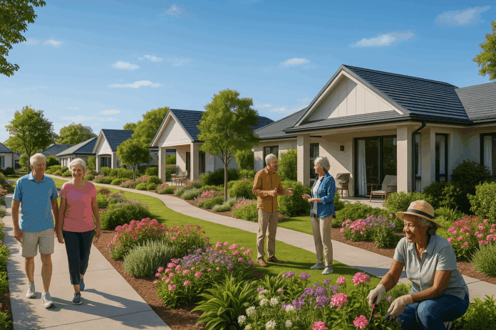 Vibrant 55 and older communities near me featuring modern villas, manicured gardens, and happy residents enjoying outdoor activities like walking, chatting, and gardening under clear blue skies