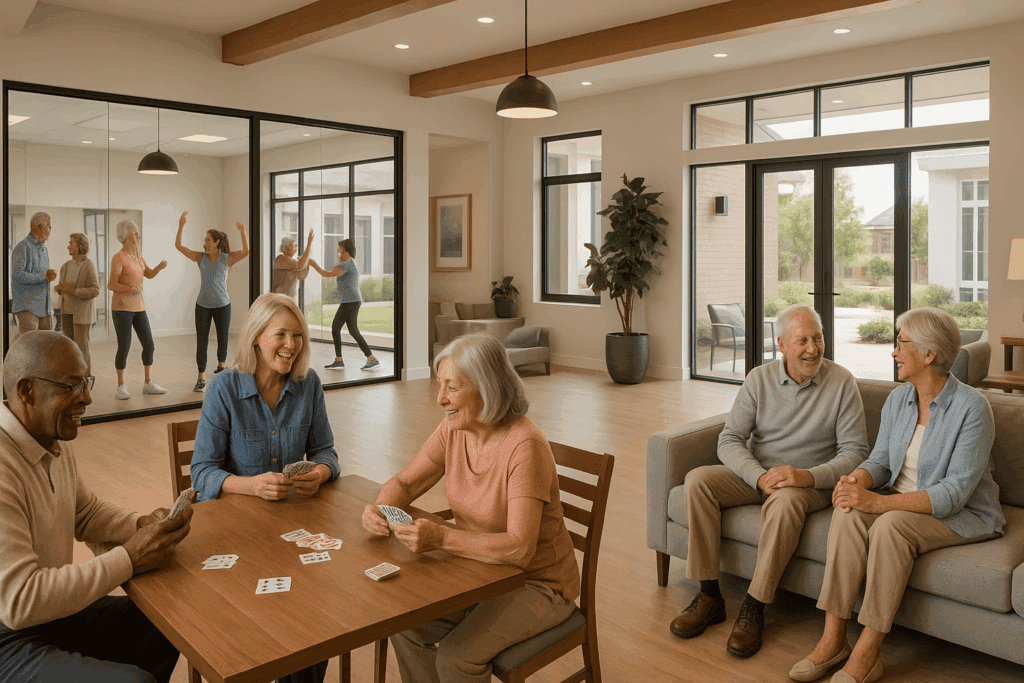 Modern 55 and older communities near me featuring a contemporary clubhouse where seniors are engaging in activities like playing cards, socializing, and group exercise, showcasing an inclusive and vibrant lifestyle