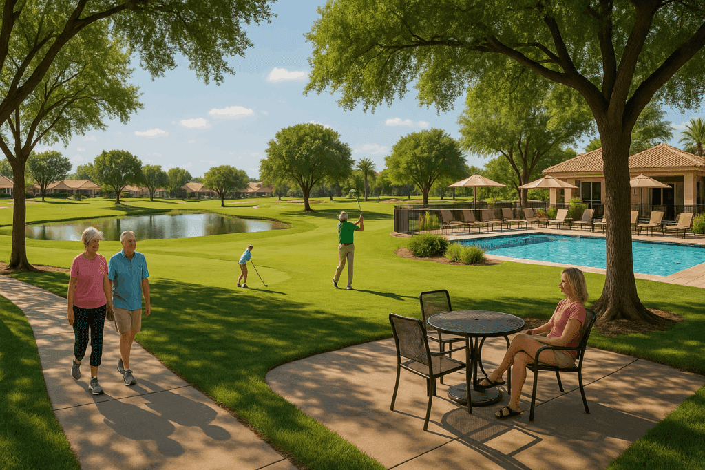 Well-maintained 55 and older communities near me featuring a community park with walking trails, a golf course, outdoor seating, and a sparkling swimming pool where residents enjoy leisure activities