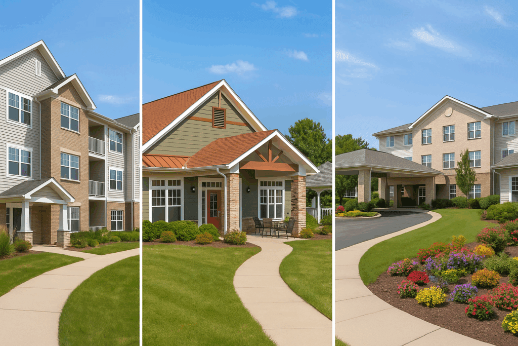 Three types of 55 and older communities near me: independent living apartments with modern architecture, active adult communities with vibrant clubhouses and activities, and Continuing Care Retirement Communities (CCRCs) featuring well-structured layouts and serene environments
