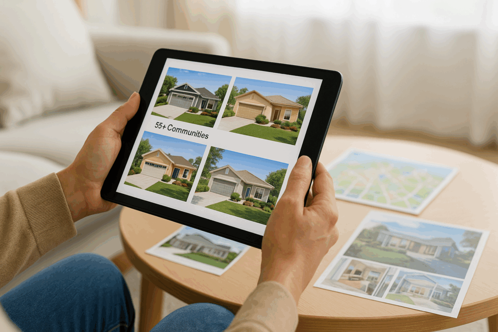 Person browsing real estate listings for 55 and older communities near me on a tablet in a bright living room, with brochures, maps, and virtual tour elements visible in the background