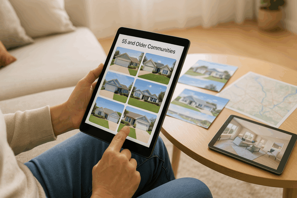 Person browsing real estate listings for 55 and older communities near me on a tablet in a bright living room, with brochures and maps in the background symbolizing local research and exploration