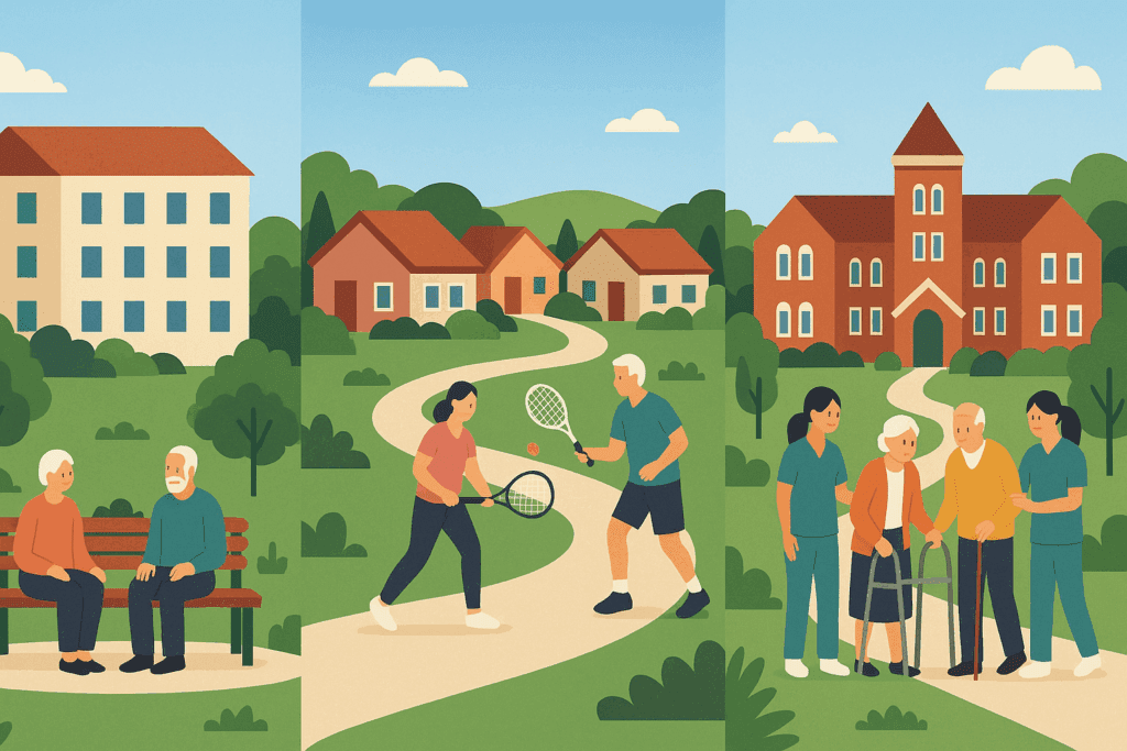 Illustrated infographic comparing three types of 55 and older communities near me: Independent Living, Active Adult Communities, and Continuing Care Retirement Communities (CCRCs), each represented with distinct features like park settings, social activities, and supportive care facilities