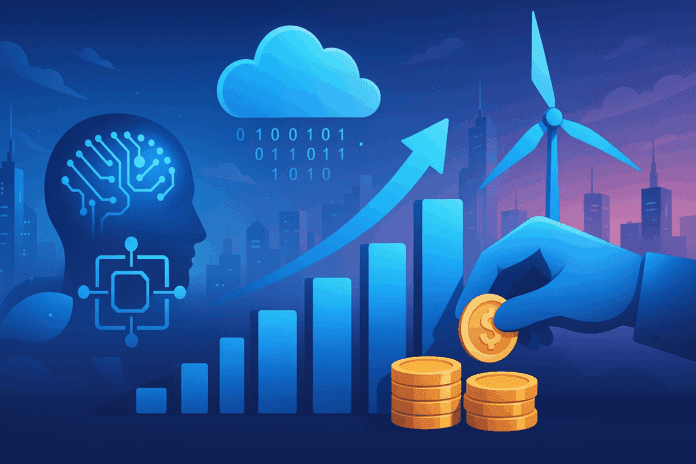 Futuristic cityscape symbolizing growth in technology sectors like AI, blockchain, cloud computing, and renewable energy—reflecting opportunities for the best cheap tech stocks