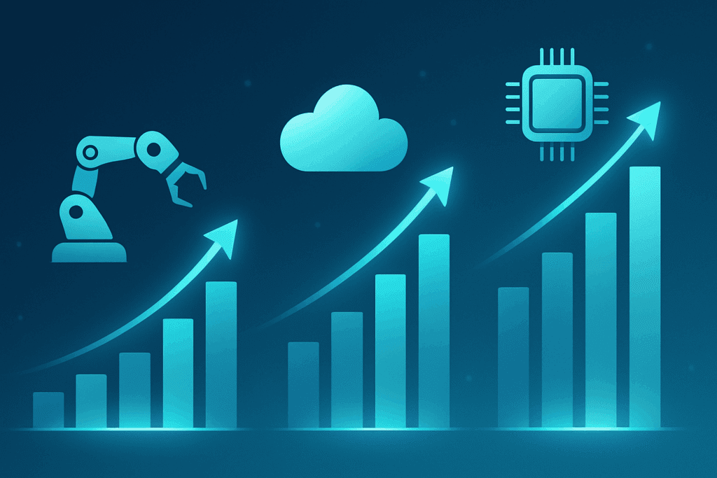 Rising digital graphs symbolizing growth in the best cheap tech stocks with icons of robotics, cloud technology, and microchips, representing emerging opportunities in smaller tech companies