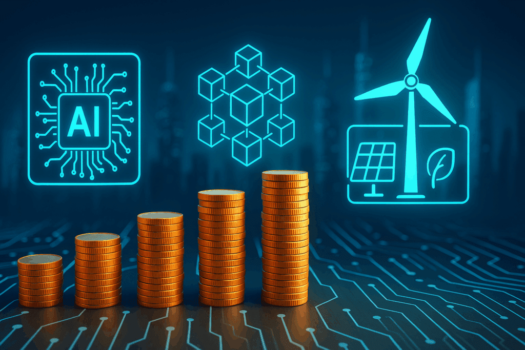 Stacks of digital coins symbolizing investments in the best cheap tech stocks, leading towards futuristic AI processors, blockchain nodes, and renewable energy icons against a cityscape backdrop