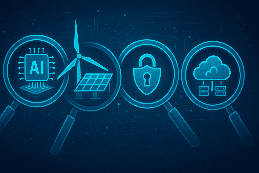 Illustration of digital magnifying glasses zooming into AI, renewable energy, cybersecurity, and cloud computing sectors, representing the search for the best cheap tech stocks in emerging technologies