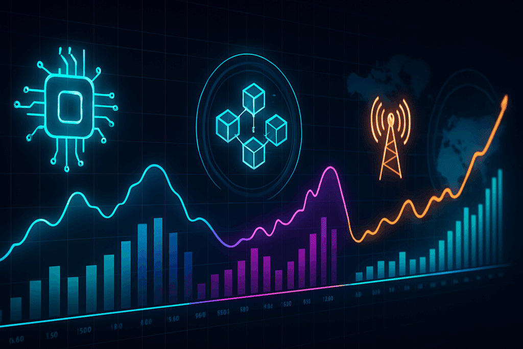 Futuristic digital visualization of global tech market trends, highlighting growth in AI, blockchain, and 5G sectors—key insights for identifying the best cheap tech stocks
