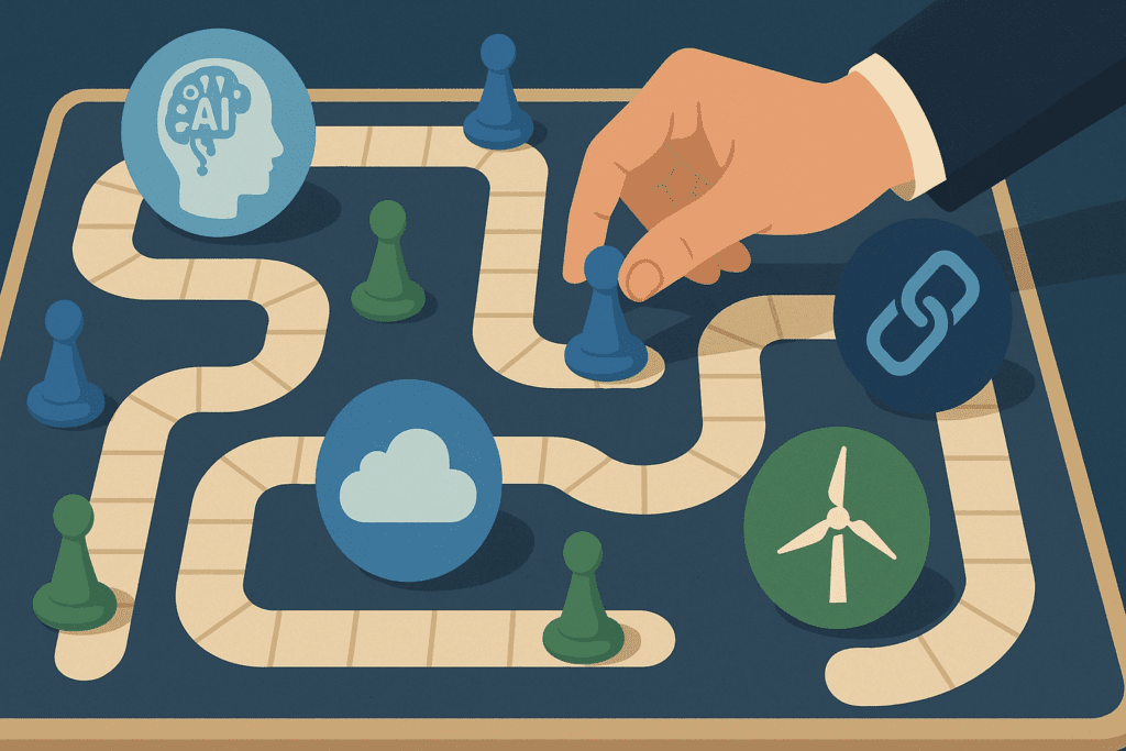 Strategic board game path symbolizing investment planning in the best cheap tech stocks, with icons for AI, blockchain, cloud computing, and green energy technologies representing strategic moves for maximizing growth opportunities