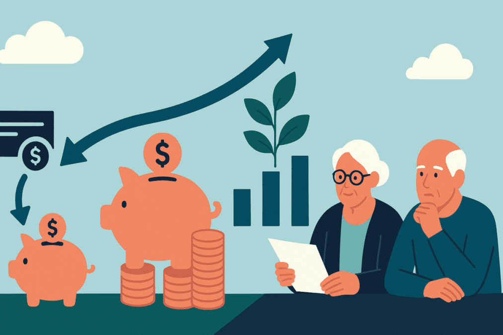 Conceptual illustration of the 2025 Social Security wage base impact on retirement planning, showing payroll taxes flowing into savings represented by piggy banks, investment growth, and elderly individuals strategizing for future benefits