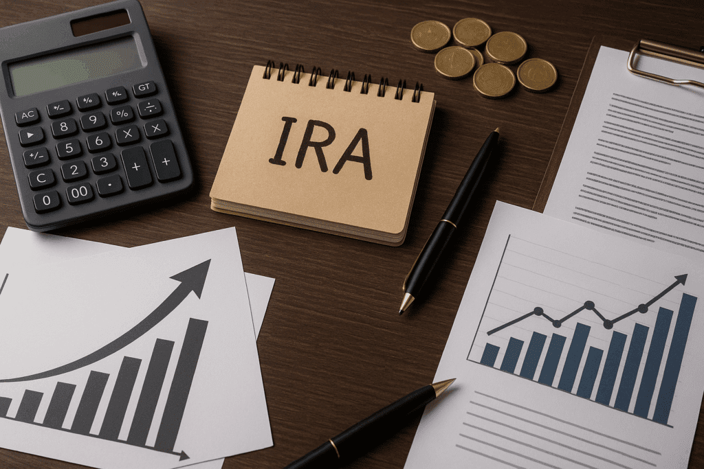 Strategic financial planning setup for maximizing retirement savings under the 2025 Social Security Wage Base, featuring IRA accounts, investment charts, calculator, and financial growth pathways on a wooden desk.