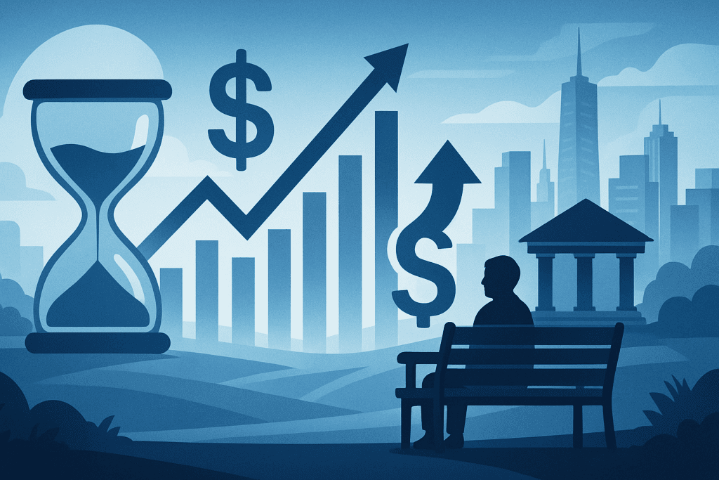 Strategic financial planning setup for maximizing retirement savings under the 2025 Social Security Wage Base, featuring IRA accounts, investment charts, calculator, and financial growth pathways on a wooden desk.