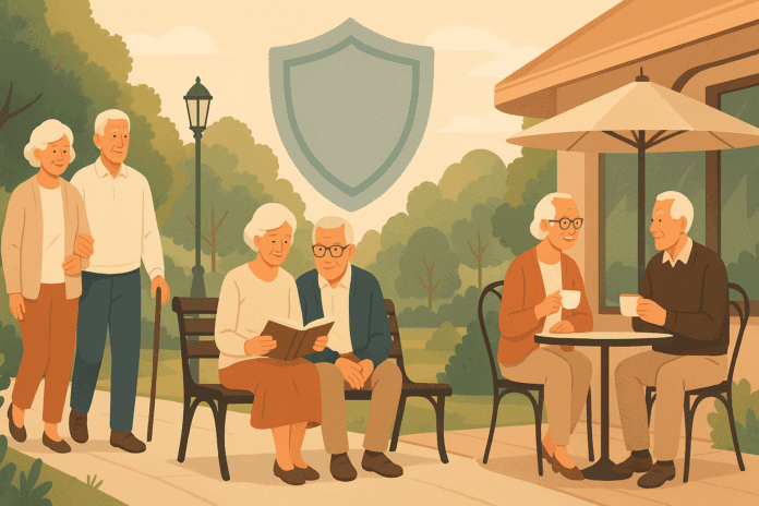 Elderly couples enjoying peaceful outdoor activities like walking, reading, and café conversations, symbolizing financial security and well-being with the support of the 10 best supplemental insurance companies