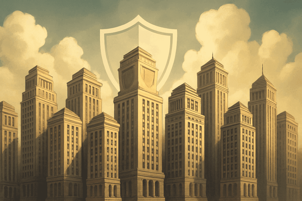 Illustration of 10 strong, tall buildings symbolizing the stability and reliability of the 10 best supplemental insurance companies for retirement security, representing trust and protection in financial planning