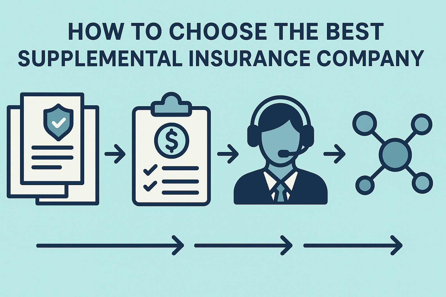 Infographic visually outlining the steps to choose from the 10 best supplemental insurance companies, featuring icons for coverage comparison, cost evaluation, customer service, and network analysis in a clean, modern design