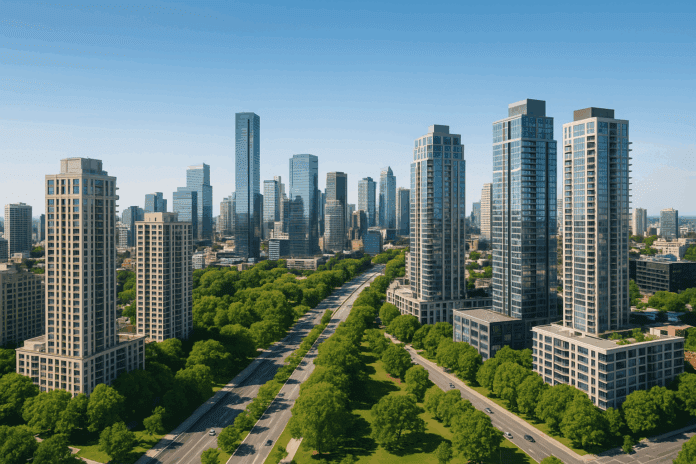 Thriving urban skyline with modern high-rise buildings, lush green spaces, and commercial properties, symbolizing financial growth and property investment success—an ideal representation of 