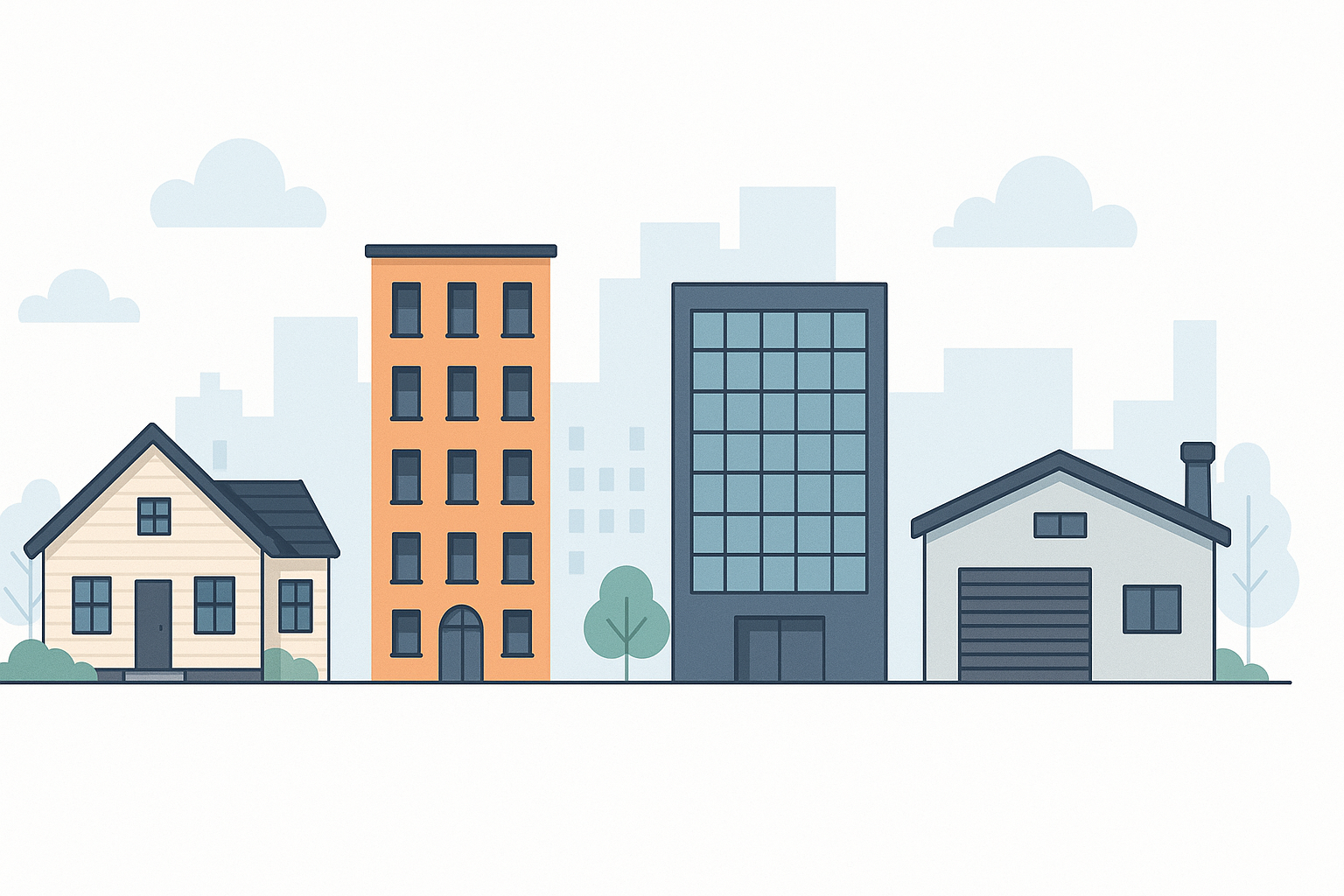 Widescreen illustration of various property types including single-family homes, apartment buildings, commercial offices, and industrial warehouses, representing diverse options in property investment 101