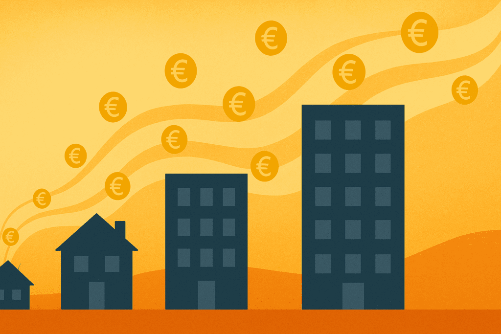 Rental properties generating passive income streams with flowing currency symbols, symbolizing stability and growth in property investment 101