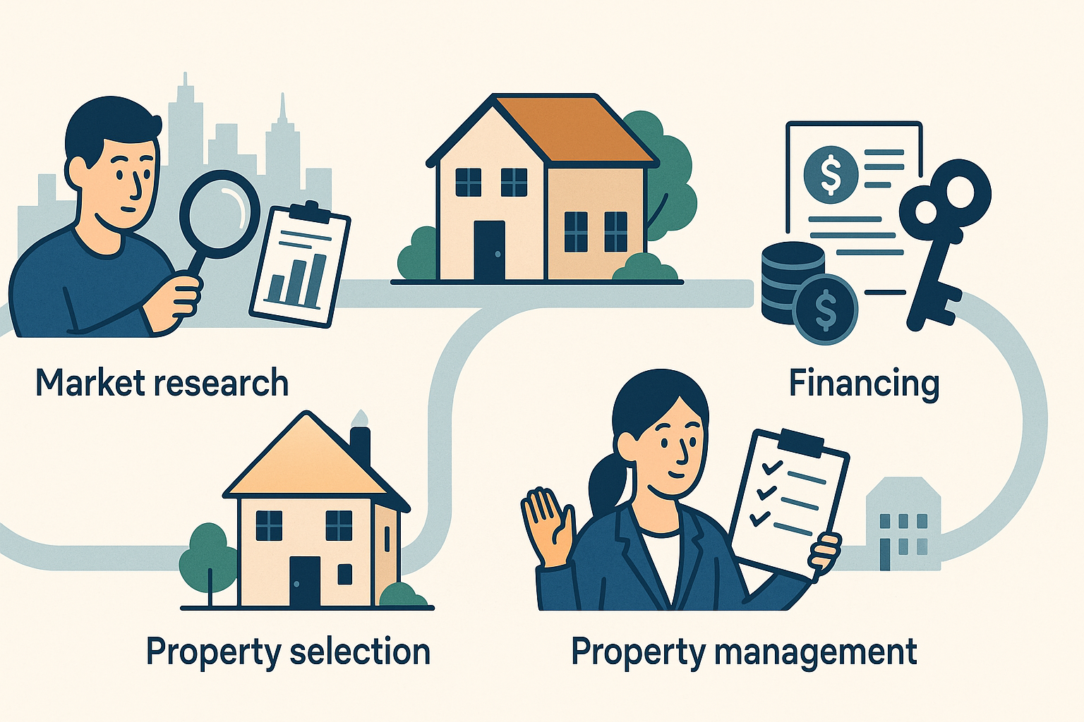 Widescreen roadmap illustration outlining key steps in property investment 101, including market research, property selection, financing, and management, visualized in a clear, structured path