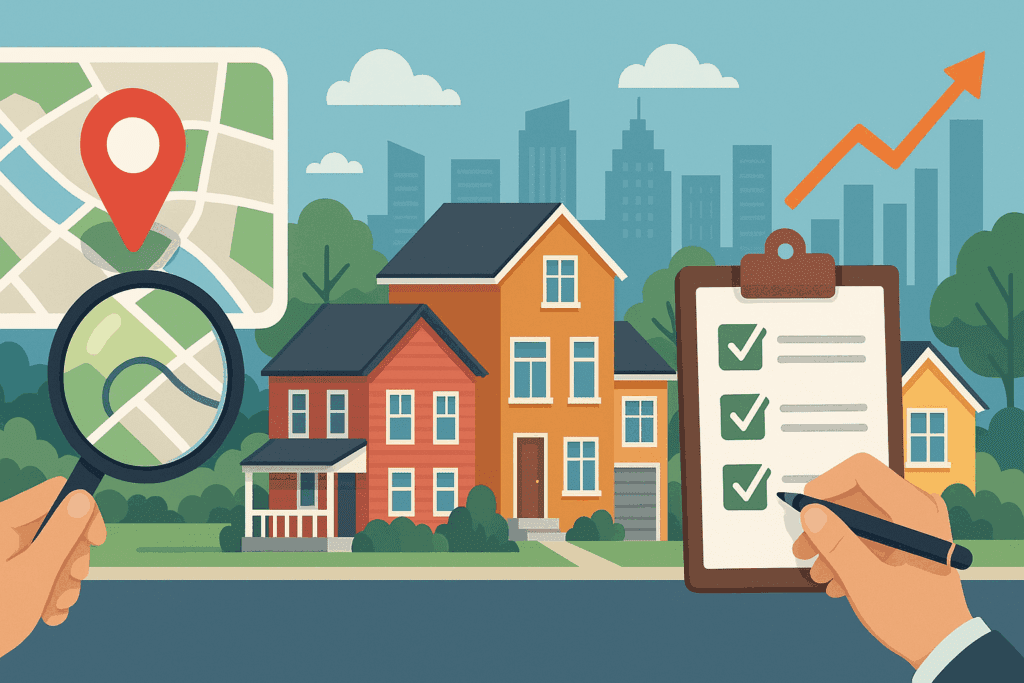 Digital illustration of property investment 101 showing neighborhood analysis, property condition checks, and growth indicators for real estate evaluation