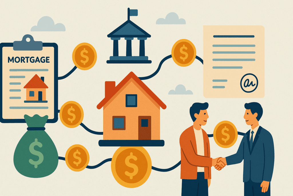 Widescreen illustration depicting property investment 101 with mortgage agreements, government-backed loans, private lending options, and currency flow linked to real estate visuals