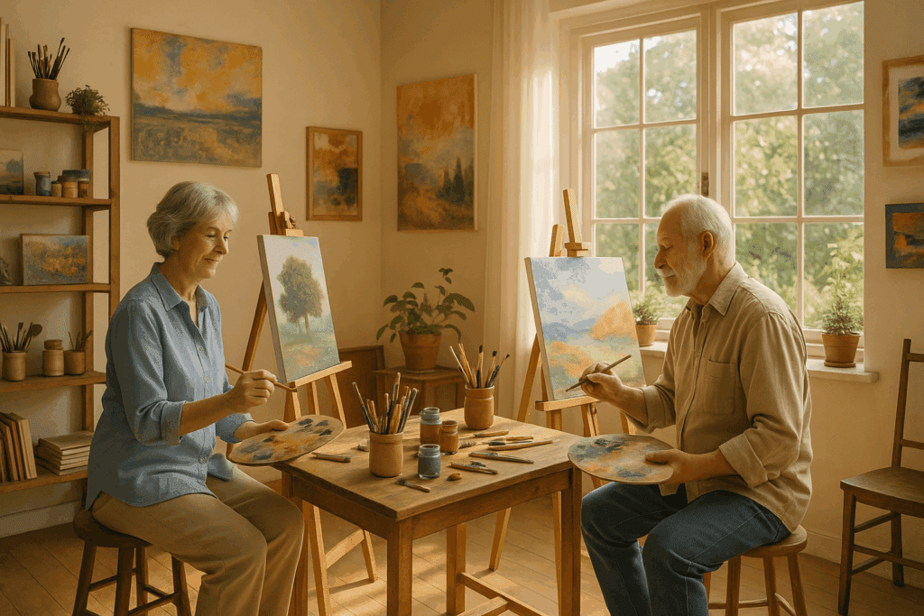 Retirement ideas: A retired couple painting together in a bright, cozy art studio with large windows overlooking a garden, symbolizing creative and peaceful retirement activities