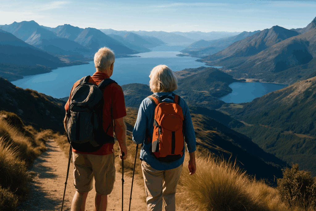 Retired couple hiking on a scenic mountain trail with expansive views of valleys and lakes, representing adventure and freedom—an inspiring retirement idea.
