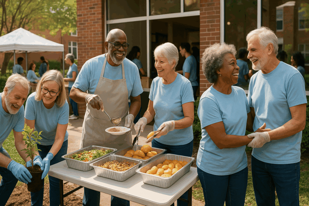 Community volunteering event for retirees—seniors planting trees, serving food, and engaging with others, showcasing meaningful retirement ideas