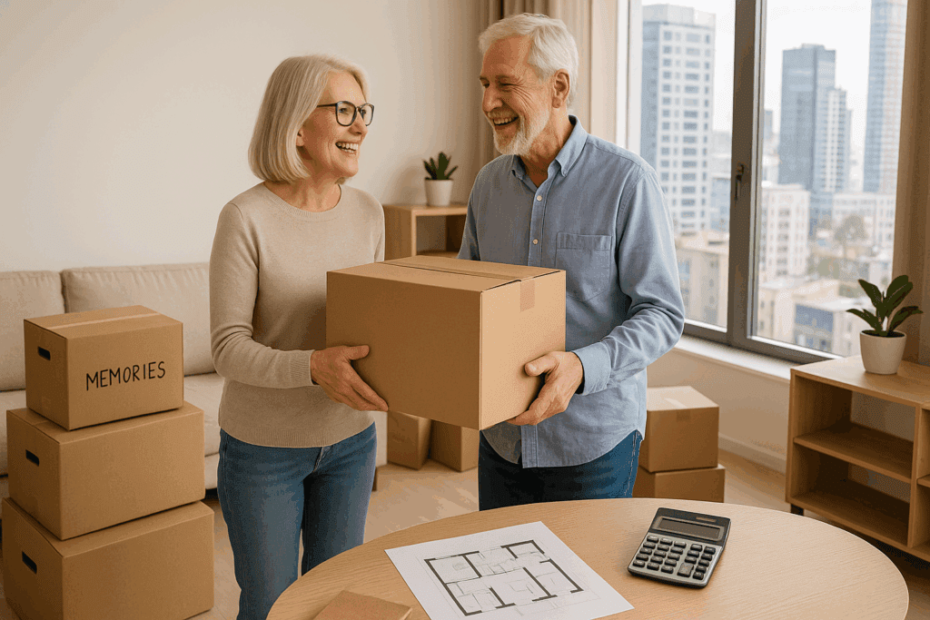 Elderly couple downsizing for retirement, happily moving into a cozy, modern apartment with minimalist décor, labeled boxes of memories, and financial planning elements, reflecting practical retirement ideas for financial stability and freedom