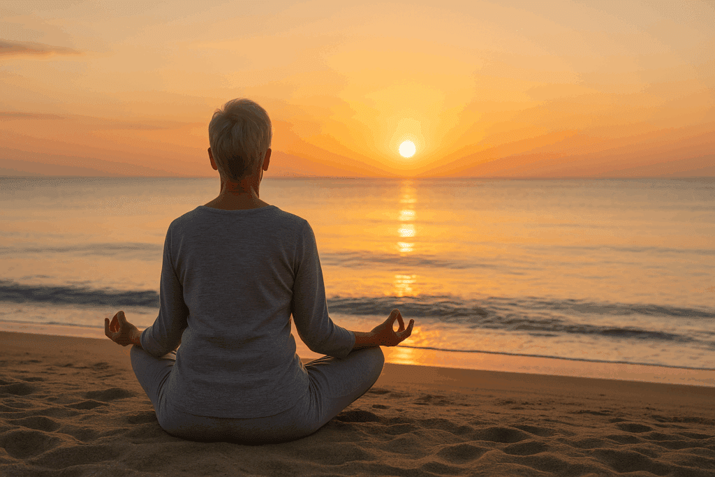 Retirement ideas: Elderly person meditating at sunrise on a serene beach, symbolizing peace, self-discovery, and new beginnings