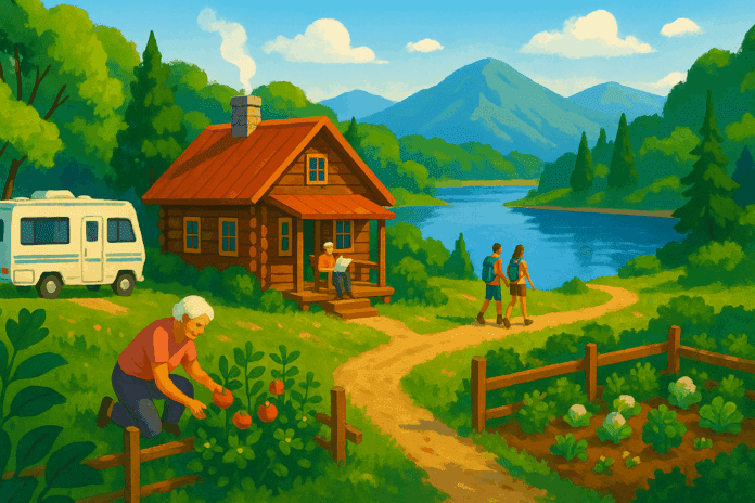 Lakeside cabin surrounded by lush greenery, a parked RV, hiking trails, and a garden, representing peaceful retirement ideas focused on travel and nature exploration